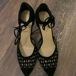 Saks Fifth Avenue black ankle tie mesh heel